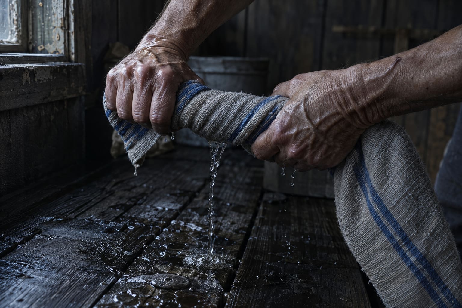 Weathered hands wring out a striped towel over wet dark wood.